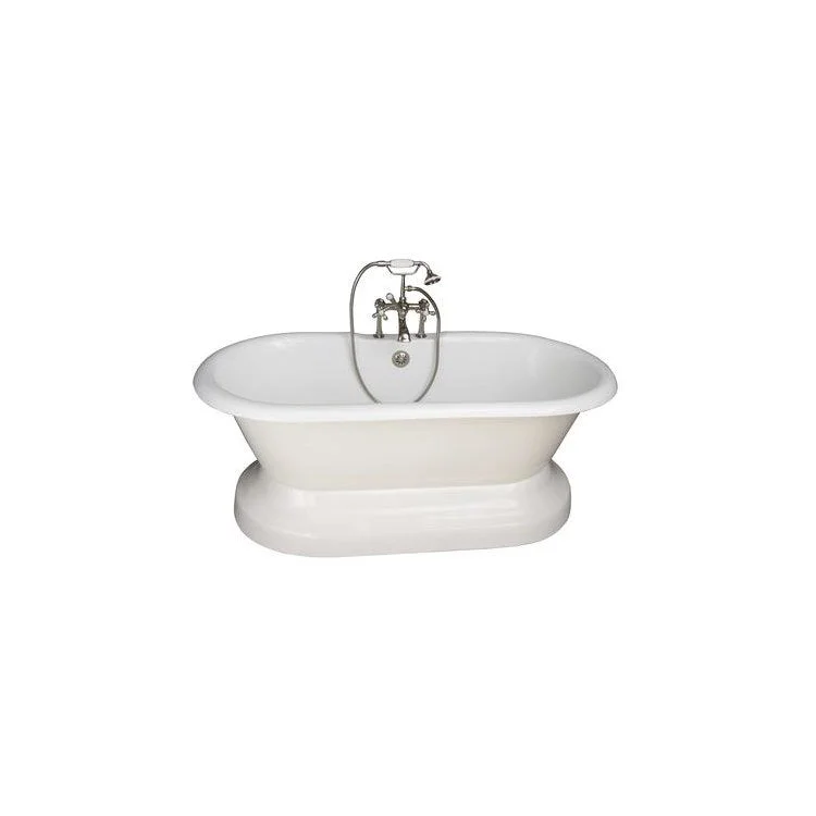 Tub Kit Columbus Freestanding 61 Inch Cast Iron White Includes Polished Nickel Tub Filler On Base Straight Bath Supplies & Leg Tub Drain Elephant Spout Metal Cross Handles in White Cradle 60 Inch Hose 60 Gallon Capacity