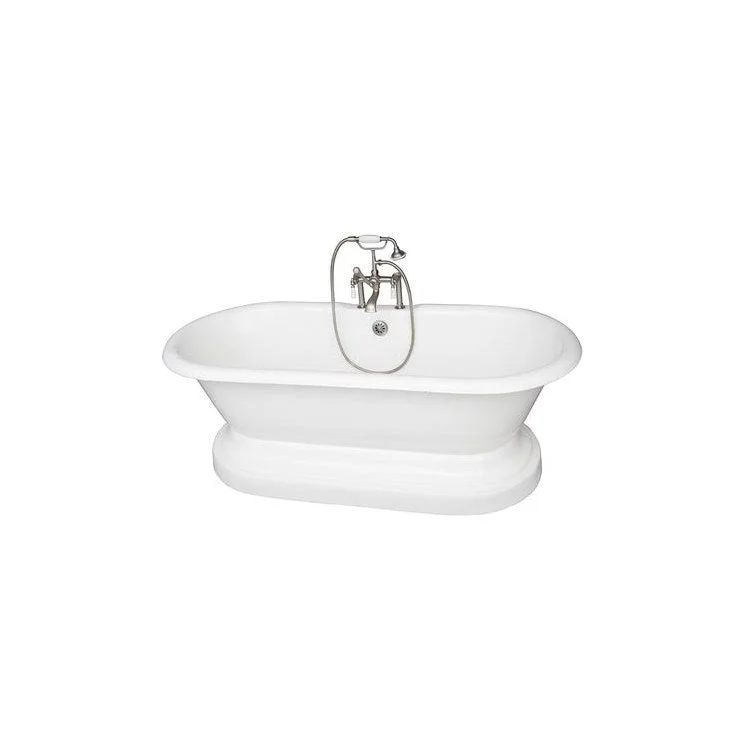 Tub Kit Columbus Freestanding 61 Inch Cast Iron White Includes Brushed Nickel Tub Filler On Base Straight Bath Supplies & Leg Tub Drain Elephant Spout Porcelain Lever Handles in White Cradle 60 Inch Hose 60 Gallon Capacity