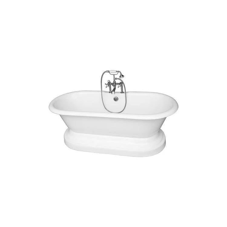 Tub Kit Columbus Freestanding 61 Inch Cast Iron White Includes Brushed Nickel Tub Filler On Base Straight Bath Supplies & Leg Tub Drain Elephant Spout Metal Cross Handles in White Cradle 60 Inch Hose 60 Gallon Capacity