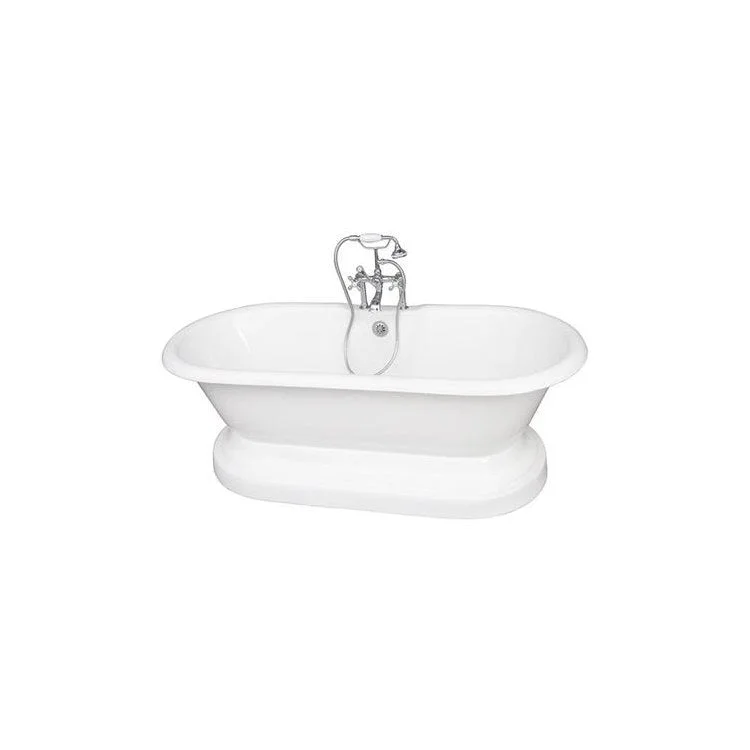 Tub Kit Duet 67 Inch Cast Iron White Kit Includes Polished Chrome Tub Filler with Handshower On Base 24 Inch Straight Bath Supplies and Tub Drain Elephant Spout Metal Cross Handles Ceramic Disc Cartridges Cradle 60 Inch Hose 55 Gallon Capacity