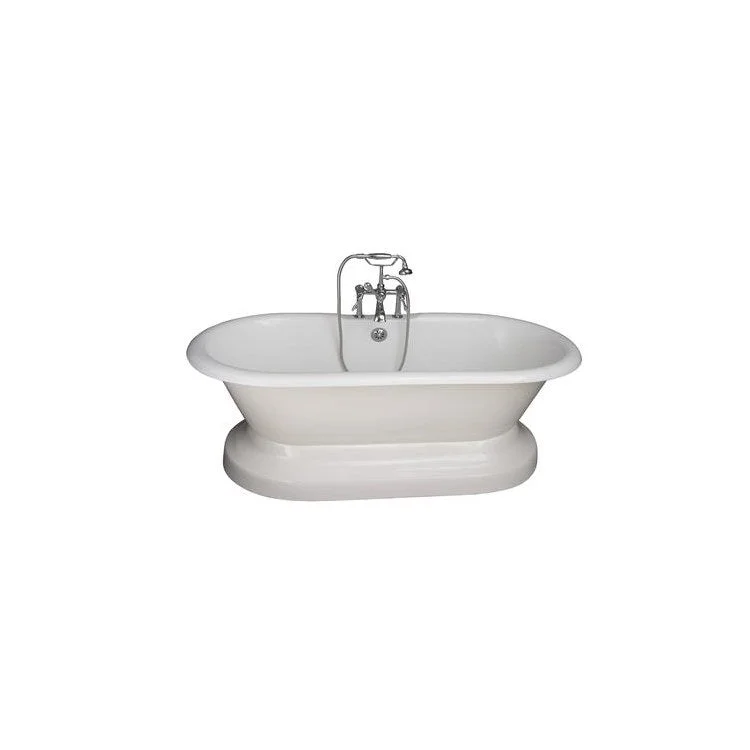 Tub Kit Duet Freestanding 67 Inch Cast Iron White Includes Polished Chrome Tub Filler with Handshower On Base 24 Inch Straight Bath Supplies & Tub Drain Elephant Spout Finial Metal Cross Handles Cradle 60 Inch Hose 55 Gallon Capacity