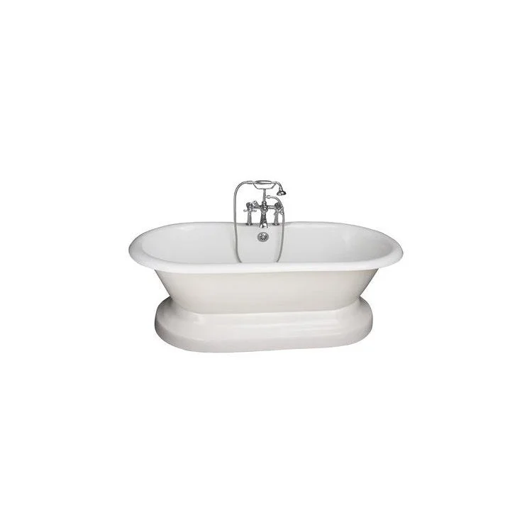 Tub Kit Duet Freestanding 67 Inch Cast Iron White Includes Polished Chrome Tub Filler with Handshower On Base 24 Inch Straight Bath Supplies & Tub Drain Elephant Spout Metal Cross Handles Cradle 60 Inch Hose 55 Gallon Capacity