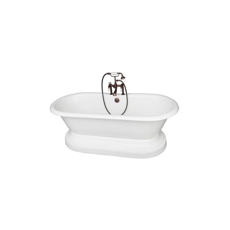 Tub Kit Duet 67 Inch Cast Iron White Kit Includes Oil Rubbed Bronze Tub Filler with Handshower On Base 24 Inch Straight Bath Supplies and Tub Drain Elephant Spout Porcelain Lever Handles Ceramic Disc Cartridges Cradle 60 Inch Hose 55 Gallon Capacity