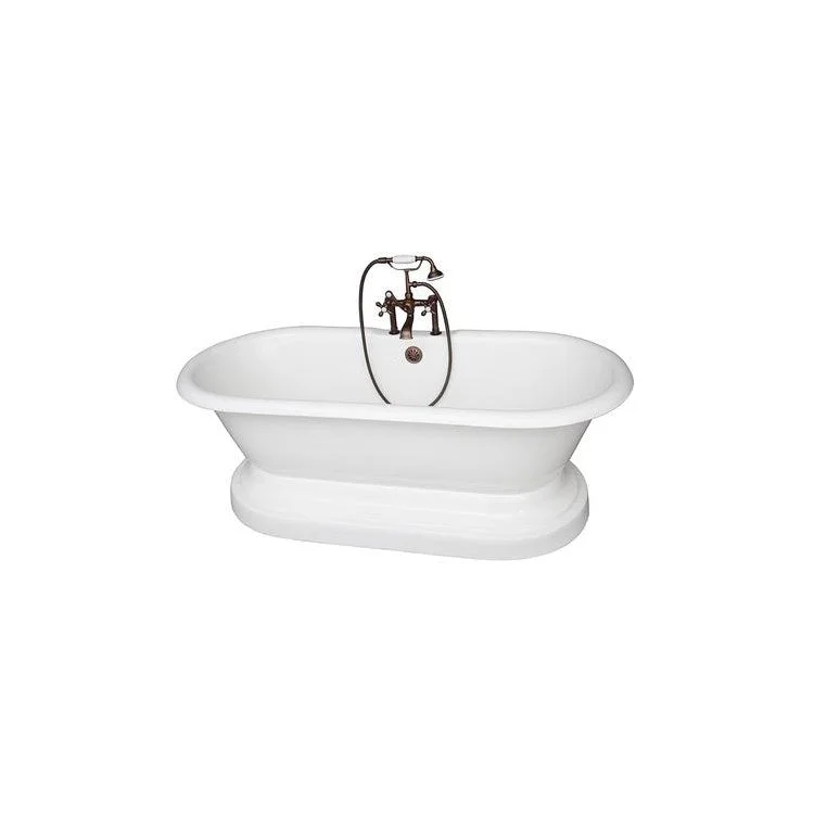 Tub Kit Duet 67 Inch Cast Iron White Kit Includes Oil Rubbed Bronze Tub Filler with Handshower On Base 24 Inch Straight Bath Supplies and Tub Drain Elephant Spout Metal Cross Handles Ceramic Disc Cartridges Cradle 60 Inch Hose 55 Gallon Capacity