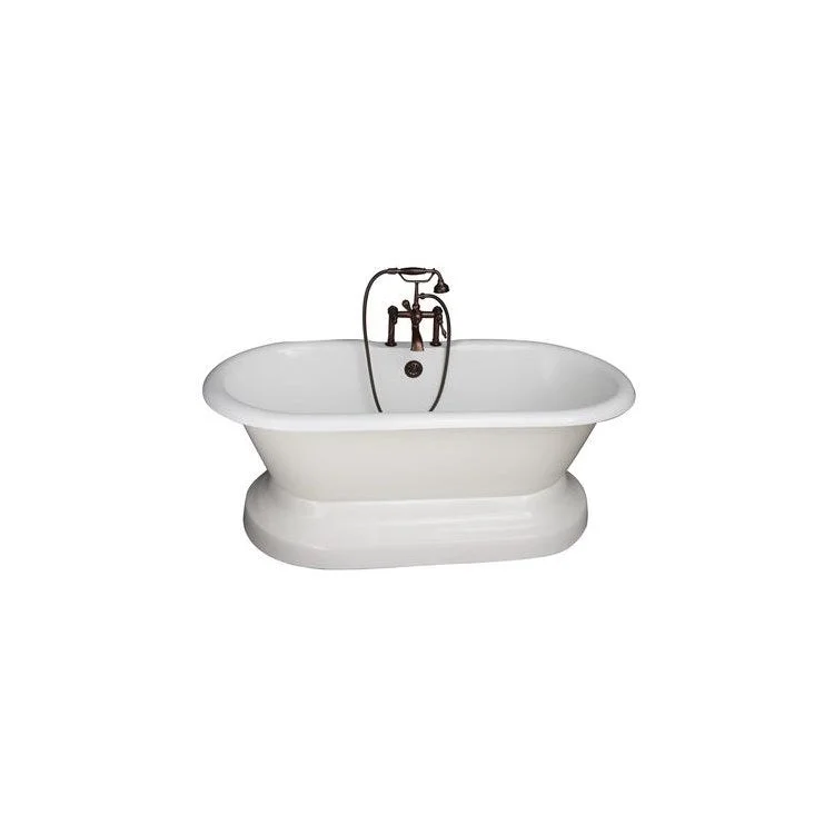 Tub Kit Duet Freestanding 67 Inch Cast Iron White Includes Oil Rubbed Bronze Tub Filler with Handshower On Base 24 Inch Straight Bath Supplies & Tub Drain Elephant Spout Finial Metal Cross Handles Cradle 60 Inch Hose 55 Gallon Capacity