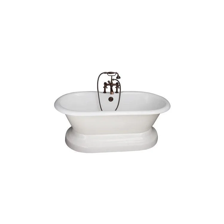 Tub Kit Duet Freestanding 67 Inch Cast Iron White Includes Oil Rubbed Bronze Tub Filler with Handshower On Base 24 Inch Straight Bath Supplies & Tub Drain Elephant Spout Metal Cross Handles Cradle 60 Inch Hose 55 Gallon Capacity