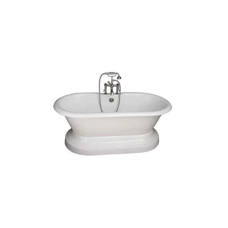 Tub Kit Duet Freestanding 67 Inch Cast Iron White Includes Brushed Nickel Tub Filler with Handshower On Base 24 Inch Straight Bath Supplies & Tub Drain Elephant Spout Finial Metal Cross Handles Cradle 60 Inch Hose 55 Gallon Capacity