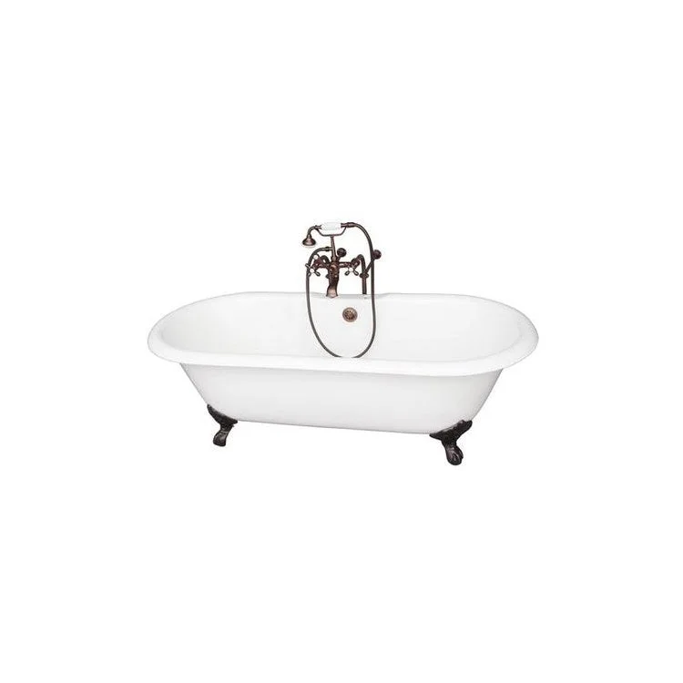 Tub Kit Duet 67 Inch Cast Iron White Kit Includes Oil Rubbed Bronze Tub Filler with Handshower 30 Inch Freestanding Bath Supplies and Tub Drain Imperial Feet Elephant Spout Metal Cross Handles Ceramic Disc Cartridges Cradle 60 Inch Hose 55 Gallon Capacity