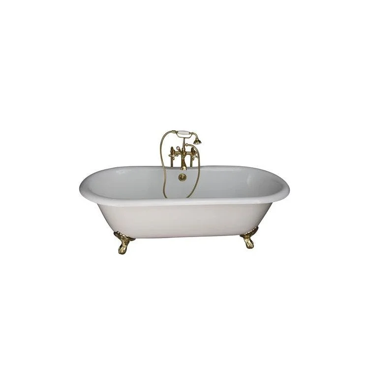 Tub Kit Duet 67 Inch Cast Iron White Kit Includes Polished Brass Tub Filler with Handshower 30 Inch Freestanding Bath Supplies and Tub Drain Imperial Feet Elephant Spout Metal Cross Handles Ceramic Disc Cartridges Cradle 60 Inch Hose 55 Gallon Capacity