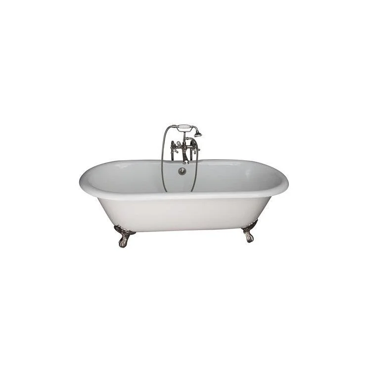 Tub Kit Duet 67 Inch Cast Iron White Kit Includes Polished Nickel Tub Filler with Handshower 30 Inch Freestanding Bath Supplies and Tub Drain Imperial Feet Elephant Spout Metal Cross Handles Ceramic Disc Cartridges Cradle 60 Inch Hose 55 Gallon Capacity