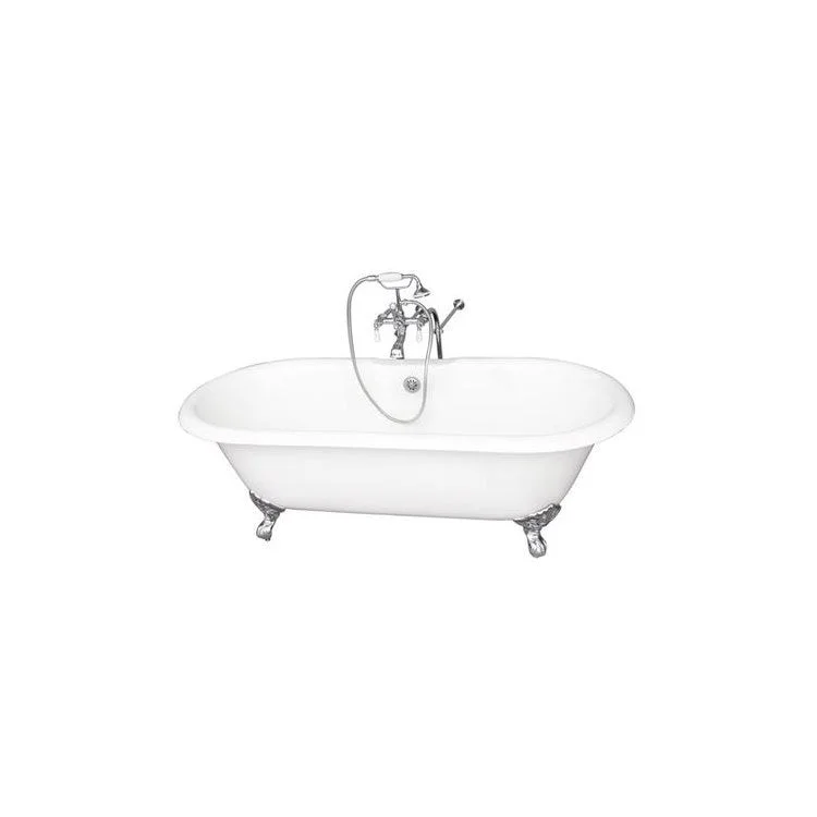 Tub Kit Columbus 61 Inch Cast Iron White Kit Includes Polished Chrome Tub Filler Freestanding Bath Supplies and Leg Tub Drain Imperial Feet Elephant Spout Porcelain Lever Handles Cradle 60 Inch Hose 60 Gallon Capacity