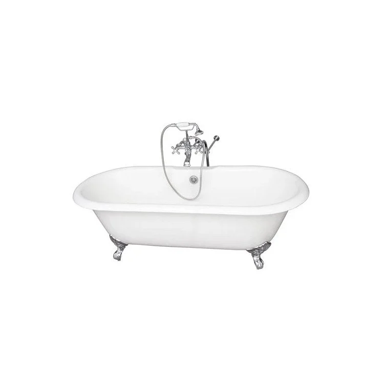 Tub Kit Columbus Freestanding 61 Inch Cast Iron White Includes Polished Chrome Tub Filler with Handshower 30 Inch Freestanding Bath Supplies & Leg Tub Drain Imperial Feet Elephant Spout Metal Cross Handles in White Cradle 60 Inch Hose 60 Gallon Capacity