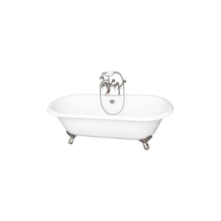 Tub Kit Columbus 61 Inch Cast Iron White Kit Includes Brushed Nickel Tub Filler Freestanding Bath Supplies and Leg Tub Drain Elephant Spout Porcelain Lever Handles Cradle 60 Inch Hose 60 Gallon Capacity