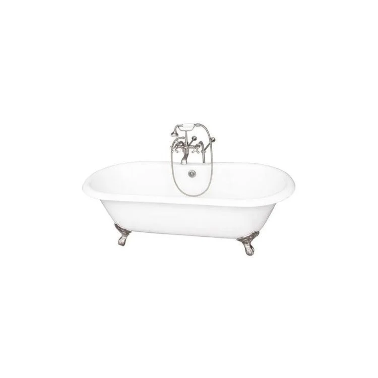 Tub Kit Columbus Freestanding 61 Inch Cast Iron White Includes Brushed Nickel Tub Filler with Handshower 30 Inch Freestanding Bath Supplies & Leg Tub Drain Imperial Feet Elephant Spout Metal Cross Handles in White Cradle 60 Inch Hose 60 Gallon Capacity