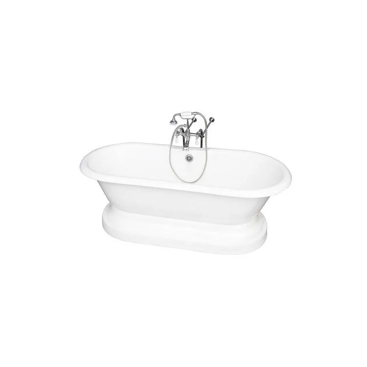 Tub Kit Columbus Freestanding 61 Inch Cast Iron White Includes Polished Chrome Tub Filler On Base Freestanding Bath Supplies & Leg Tub Drain Elephant Spout Porcelain Lever Handles in White Cradle 60 Inch Hose 60 Gallon Capacity