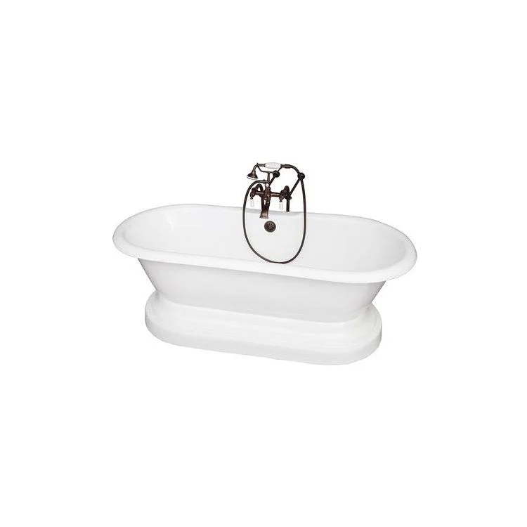 Tub Kit Columbus Freestanding 61 Inch Cast Iron White Includes Oil Rubbed Bronze Tub Filler On Base Freestanding Bath Supplies & Leg Tub Drain Elephant Spout Porcelain Lever Handles in White Cradle 60 Inch Hose 60 Gallon Capacity