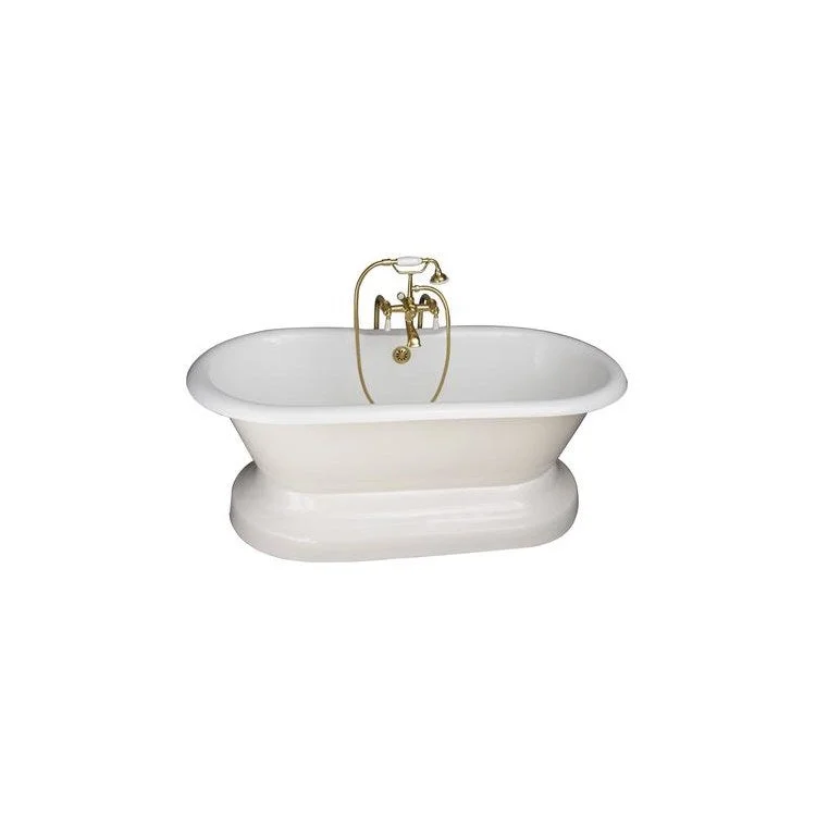 Tub Kit Columbus Freestanding 61 Inch Cast Iron White Includes Polished Brass Tub Filler On Base Freestanding Bath Supplies & Leg Tub Drain Elephant Spout Porcelain Lever Handles in White Cradle 60 Inch Hose 60 Gallon Capacity