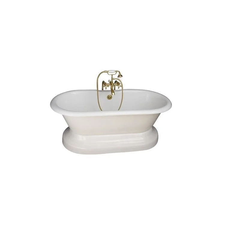 Tub Kit Columbus Freestanding 61 Inch Cast Iron White Includes Polished Brass Tub Filler On Base Freestanding Bath Supplies & Leg Tub Drain Elephant Spout Metal Cross Handles in White Cradle 60 Inch Hose 60 Gallon Capacity