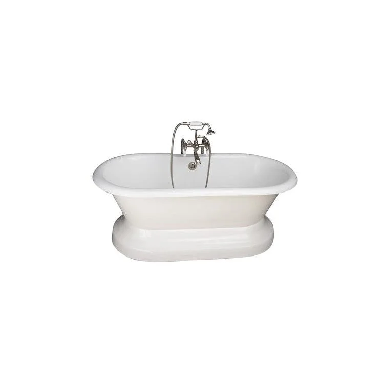 Tub Kit Columbus Freestanding 61 Inch Cast Iron White Includes Polished Nickel Tub Filler On Base Freestanding Bath Supplies & Leg Tub Drain Elephant Spout Porcelain Lever Handles in White Cradle 60 Inch Hose 60 Gallon Capacity