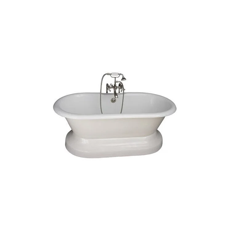 Tub Kit Columbus Freestanding 61 Inch Cast Iron White Includes Polished Nickel Tub Filler On Base Freestanding Bath Supplies & Leg Tub Drain Elephant Spout Metal Cross Handles in White Cradle 60 Inch Hose 60 Gallon Capacity