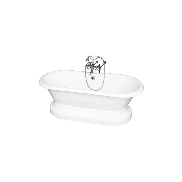 Tub Kit Columbus Freestanding 61 Inch Cast Iron White Includes Brushed Nickel Tub Filler On Base Freestanding Bath Supplies & Leg Tub Drain Elephant Spout Metal Cross Handles in White Cradle Elbow Mounts 60 Inch Hose 60 Gallon Capacity