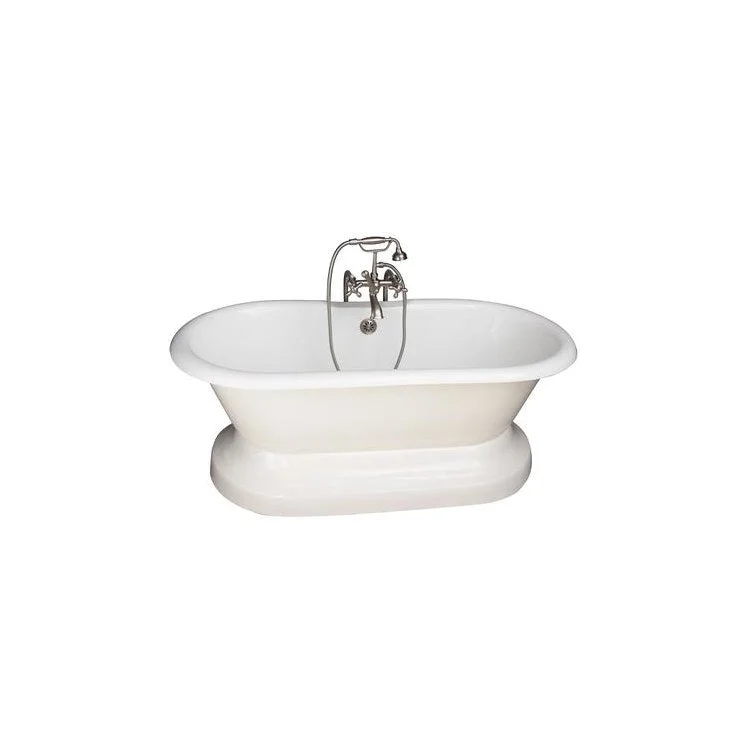 Tub Kit Columbus Freestanding 61 Inch Cast Iron White Includes Brushed Nickel Tub Filler On Base Freestanding Bath Supplies & Leg Tub Drain Elephant Spout Metal Cross Handles Cradle 60 Inch Hose 60 Gallon Capacity