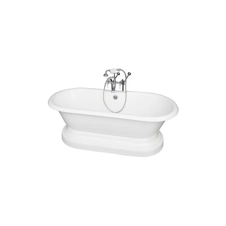 Tub Kit Duet 67 Inch Cast Iron White Kit Includes Polished Chrome Tub Filler with Handshower On Base 30 Inch Freestanding Bath Supplies and Tub Drain Elephant Spout Porcelain Lever Handles Ceramic Disc Cartridges Cradle 60 Inch Hose 55 Gallon Capacity