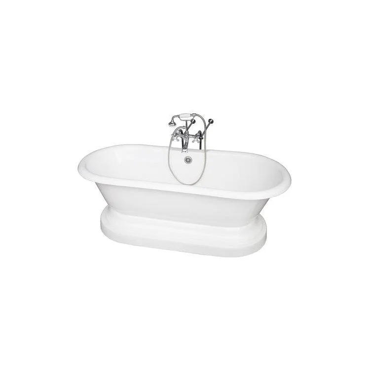 Tub Kit Duet 67 Inch Cast Iron White Kit Includes Polished Chrome Tub Filler with Handshower On Base 30 Inch Freestanding Bath Supplies and Tub Drain Elephant Spout Metal Cross Handles Ceramic Disc Cartridges Cradle 60 Inch Hose 55 Gallon Capacity