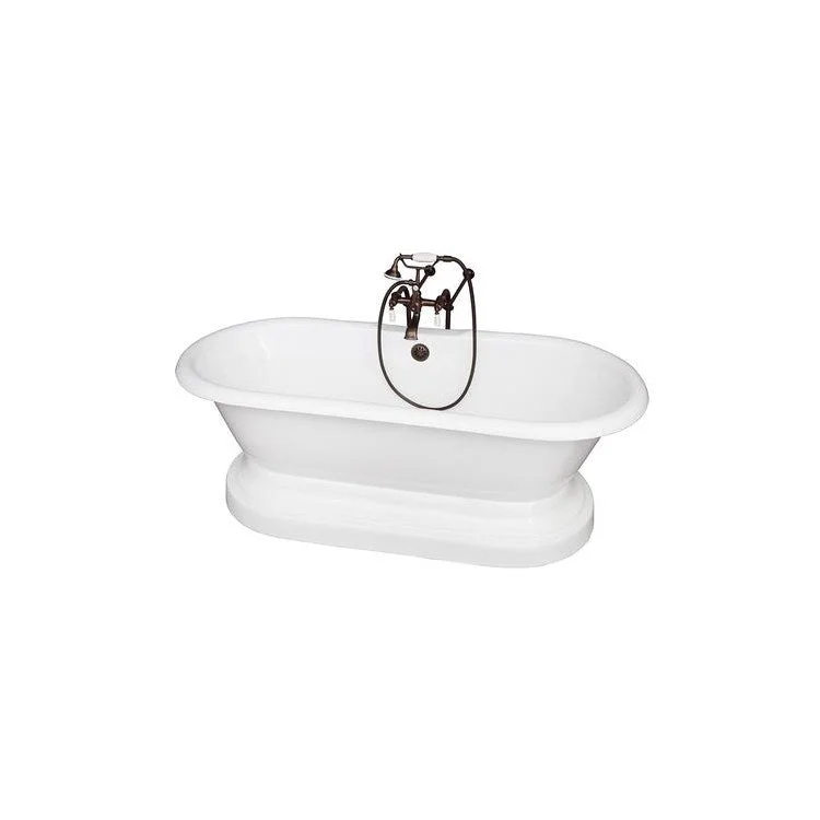 Tub Kit Duet 67 Inch Cast Iron White Kit Includes Oil Rubbed Bronze Tub Filler with Handshower On Base 30 Inch Freestanding Bath Supplies and Tub Drain Elephant Spout Porcelain Lever Handles Ceramic Disc Cartridges Cradle 60 Inch Hose 55 Gallon Capacity