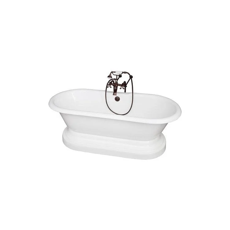 Tub Kit Duet 67 Inch Cast Iron White Kit Includes Oil Rubbed Bronze Tub Filler with Handshower On Base 30 Inch Freestanding Bath Supplies and Tub Drain Elephant Spout Metal Cross Handles Ceramic Disc Cartridges Cradle 60 Inch Hose 55 Gallon Capacity