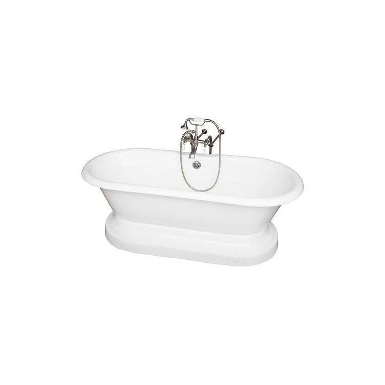 Tub Kit Duet 67 Inch Cast Iron White Kit Includes Brushed Nickel Tub Filler with Handshower On Base 30 Inch Freestanding Bath Supplies and Tub Drain Elephant Spout Porcelain Lever Handles Ceramic Disc Cartridges Cradle 60 Inch Hose 55 Gallon Capacity