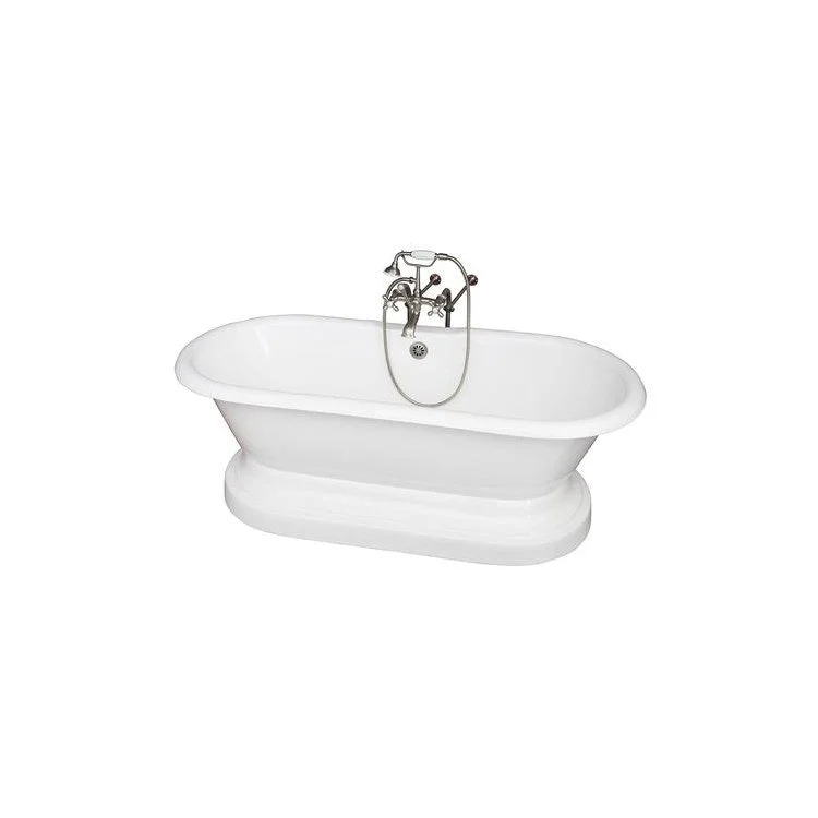 Tub Kit Duet 67 Inch Cast Iron White Kit Includes Brushed Nickel Tub Filler with Handshower On Base 30 Inch Freestanding Bath Supplies and Tub Drain Elephant Spout Metal Cross Handles Ceramic Disc Cartridges Cradle 60 Inch Hose 55 Gallon Capacity