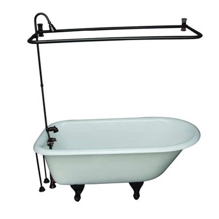 Tub Kit Bartlett Freestanding 60 Inch Cast Iron White Includes Oil Rubbed Bronze Tub Filler 56 Inch Riser 54 Inch D Shower Rod 24 Inch Double Offset Tub Supplies & Tub Drain Non-Skid Strips Clawfoot Metal Lever Handles 40 Gallon Capacity