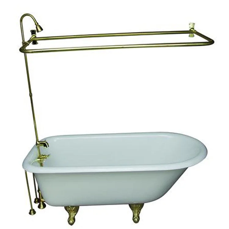 Tub Kit Bartlett 60 Inch Cast Iron White Kit Includes Polished Brass Tub Filler 62 Inch Riser 54 Inch D Shower Rod 24 Inch Double Offset Tub Supplies and Tub Drain Non-Skid Strips Ball and Claw Feet Lever Handles 40 Gallon Capacity