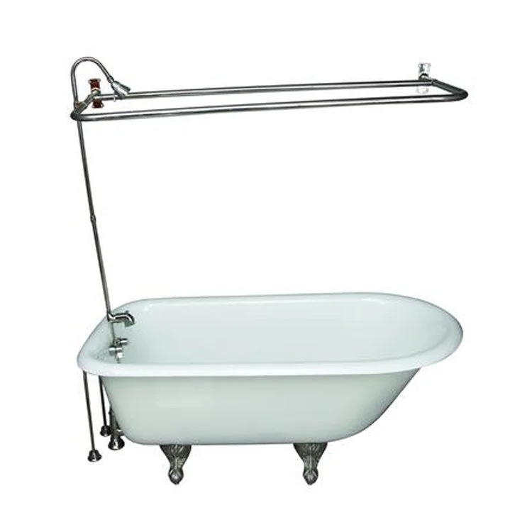 Tub Kit Bartlett Freestanding 60 Inch Cast Iron White Includes Polished Nickel Tub Filler 62 Inch Riser 54 Inch D Shower Rod 24 Inch Double Offset Tub Supplies & Tub Drain Non-Skid Strips Clawfoot Lever Handles Rectangular Shower Rod 40 Gallon Capacity