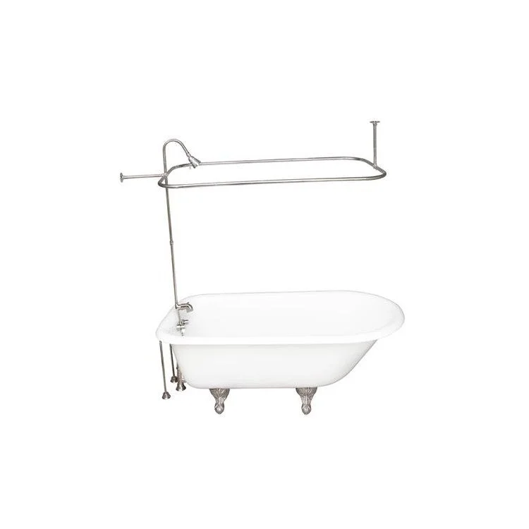 Tub Kit Brocton Freestanding 68 Inch Cast Iron White Includes Polished Chrome Tub Filler 56 Inch Riser Showerhead Rectangular Shower Ring 24 Inch Double Offset Tub Supplies & Tub Drain Non-Skid Strips Clawfoot Porcelain Lever Handles 57 Gallon Capacity