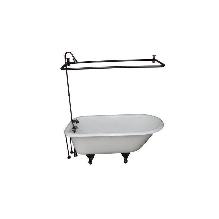 Tub Kit Brocton Freestanding 68 Inch Cast Iron White Includes Oil Rubbed Bronze Tub Filler 62 Inch Riser 54 Inch D Shower Rod 24 Inch Double Offset Tub Supplies & Tub Drain Non-Skid Strips Clawfoot Porcelain Lever Handles 57 Gallon Capacity