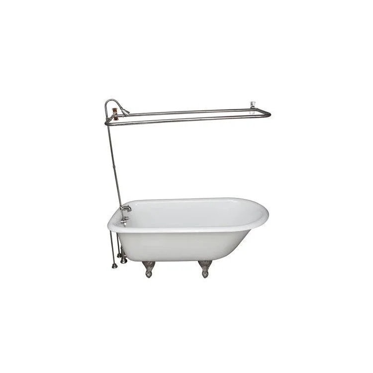 Tub Kit Duet Freestanding 68 Inch Cast Iron White Includes Polished Nickel Tub Filler 62 Inch Riser 54 Inch D Shower Rod 24 Inch Double Offset Tub Supplies & Tub Drain Non-Skid Strips Clawfoot Metal Lever Handles 57 Gallon Capacity