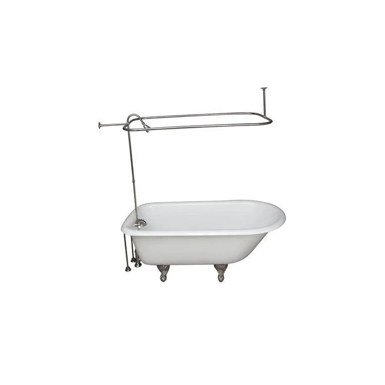 Tub Kit Antonio Freestanding 55 Inch Cast Iron White Includes Polished Nickel Tub Filler 62 Inch Riser Showerhead Rectangular Shower Ring 24 Inch Double Offset Tub Supplies & Tub Drain Non-Skid Strips Clawfoot 36 Gallon Capacity