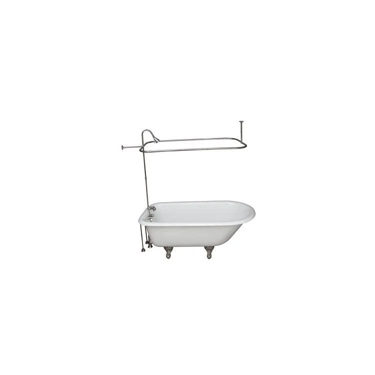 Tub Kit Antonio Freestanding 55 Inch Cast Iron White Includes Polished Nickel Tub Filler 48 Inch Riser Showerhead Rectangular Shower Ring 24 Inch Double Offset Tub Supplies & Tub Drain Non-Skid Strips Clawfoot 36 Gallon Capacity