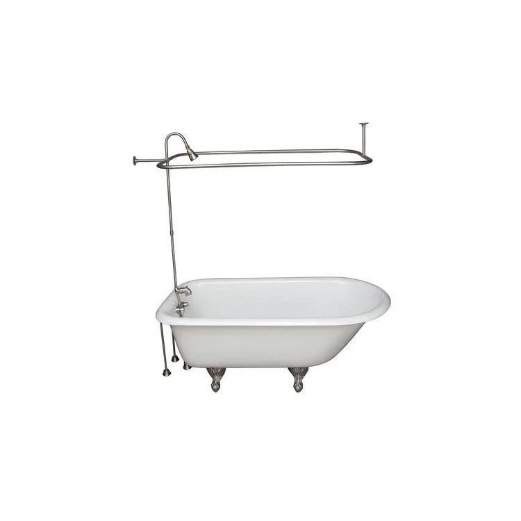 Tub Kit Antonio Freestanding 55 Inch Cast Iron White Includes Brushed Nickel Tub Filler 48 Inch Riser Showerhead Rectangular Shower Ring 24 Inch Double Offset Tub Supplies & Tub Drain Non-Skid Strips Clawfoot 36 Gallon Capacity