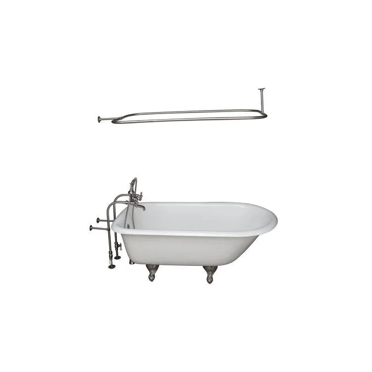 Tub Kit Antonio Freestanding 55 Inch Cast Iron White Includes Brushed Nickel Tub Filler 48 Inch Rectangular Shower Rod 30 Inch Freestanding Tub Supplies & Tub Drain Non-Skid Strips Clawfoot Metal Cross Handles Cradle 60 Inch Hose 36 Gallon Capacity