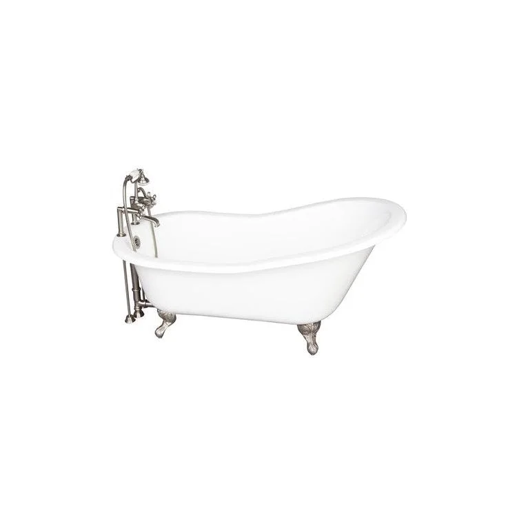 Tub Kit Icarus Freestanding 67 Inch Cast Iron White Includes Brushed Nickel Tub Filler with Handshower 24 Inch Straight Bath Supplies & Tub Drain Clawfoot Elephant Spout Metal Cross Handles Ceramic Disc Cartridges Cradle 60 Inch Hose 57 Gallon Capacity