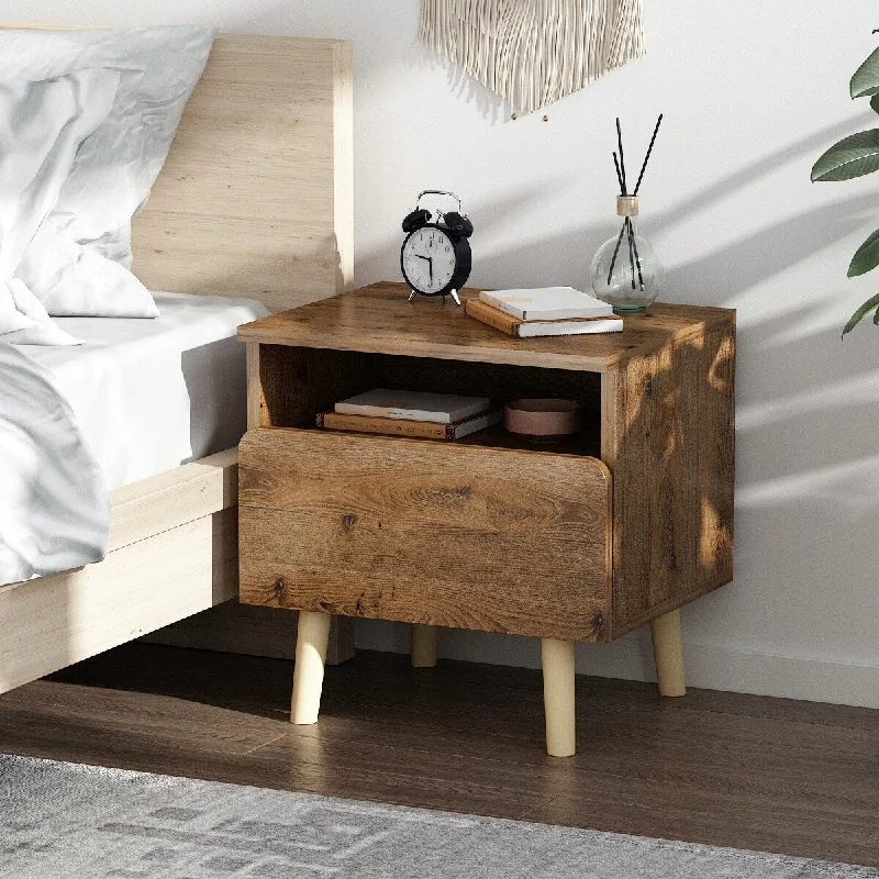 1-Drawer Wood Storage Bedside Cabinet Nightstand