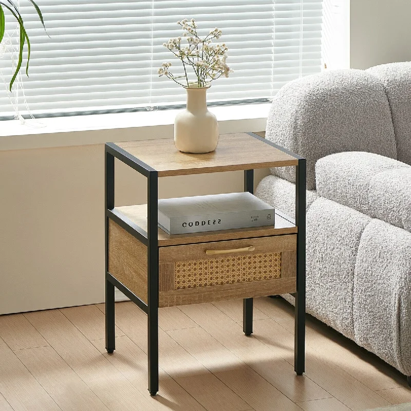 15.75" Rattan End Table with Drawer, Modern Nightstand, Metal Legs, Side Table for Living room or Bedroom (1 per set)