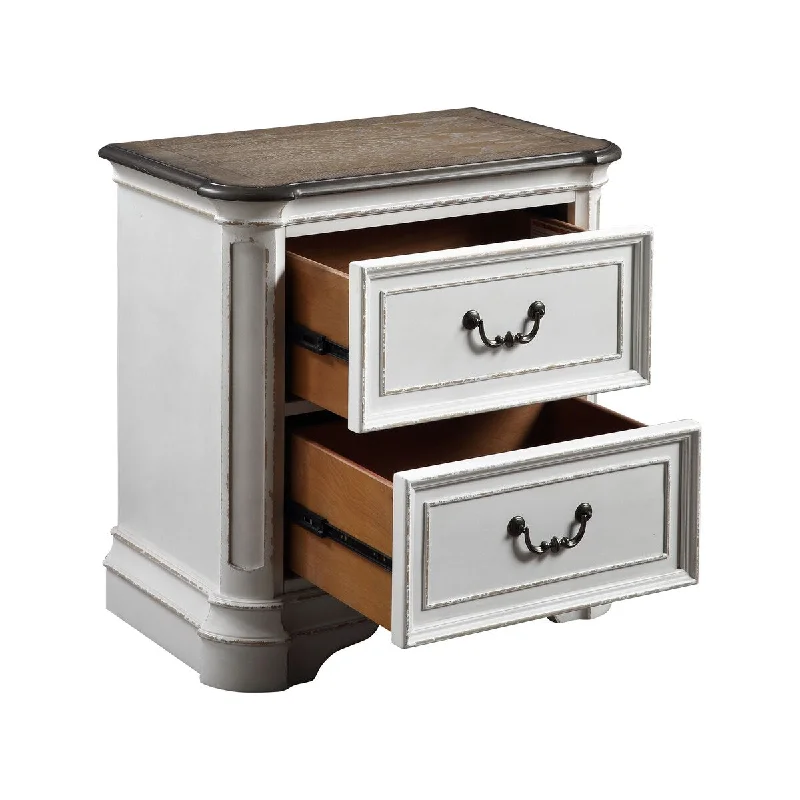 28" Transitional Style 2-Drawers Nightstand with Antique White & Oak Finish and Metal Handle for Bedroom