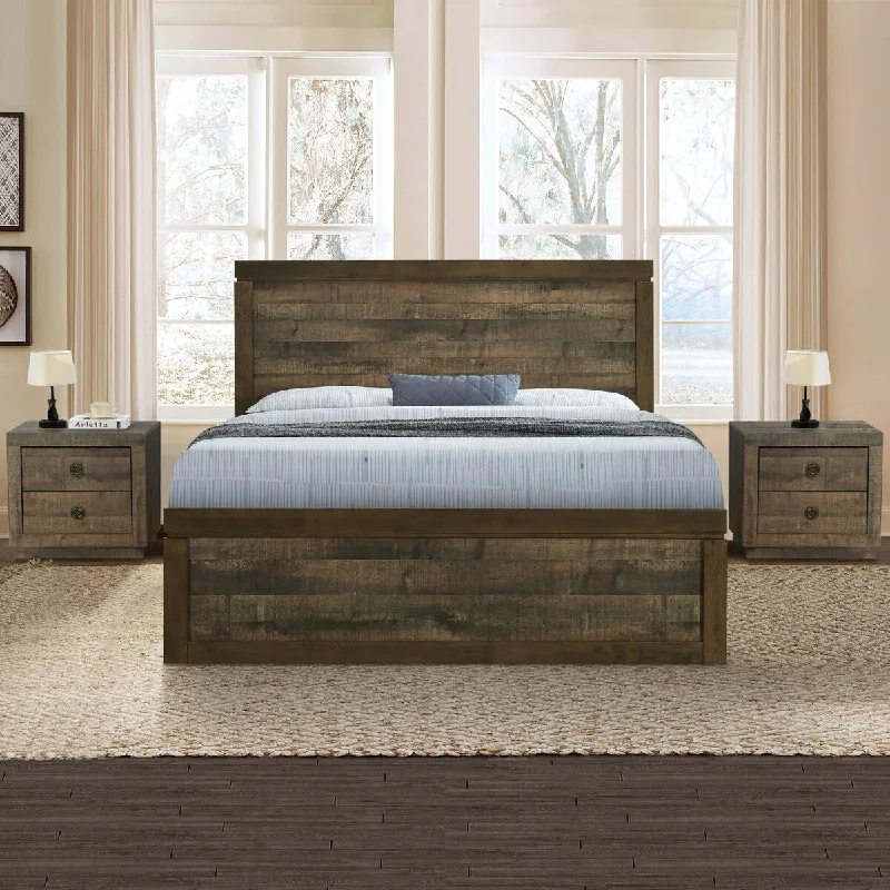 3-Piece Queen Size Farmhouse Platform Bed Set - Includes Bed and 2 Nightstands, Rustic Brown