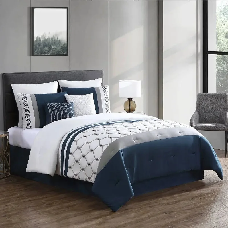 New - 8pc King Ellison Embroidered Colorblock Comforter Bedding Set - Dark Teal