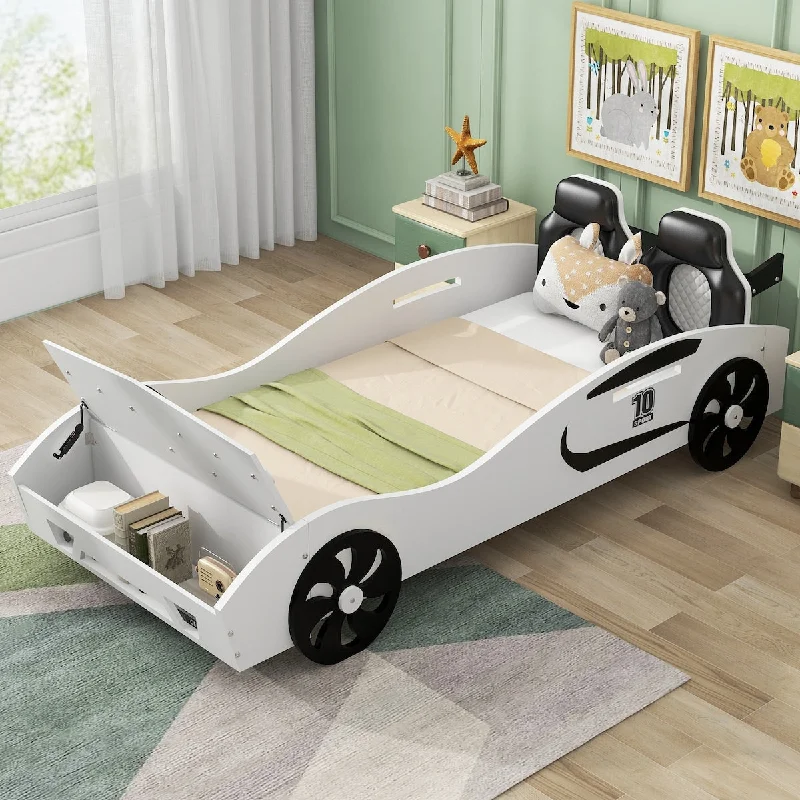 Adorable Twin Size Race Car-Shaped Platform Bed with Upholstered Backrest and Storage, White