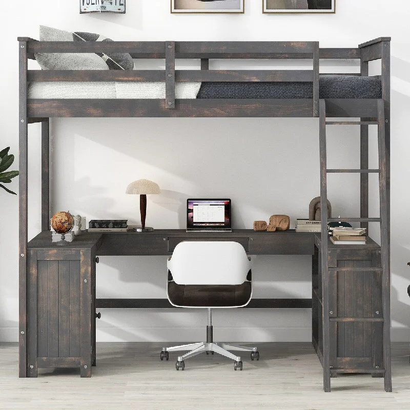 Antique Brown Loft Bed Frame with Full Size Bed, U-shaped Desk Underneath and Drawers, Storage Shelves - Loft Bed with Ladder